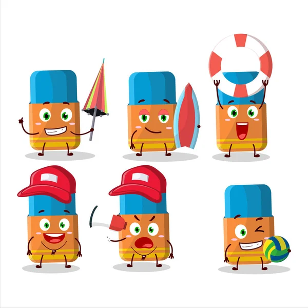 Happy Face Orange Eraser Cartoon Character Playing Beach Vector Illustration — 图库矢量图片