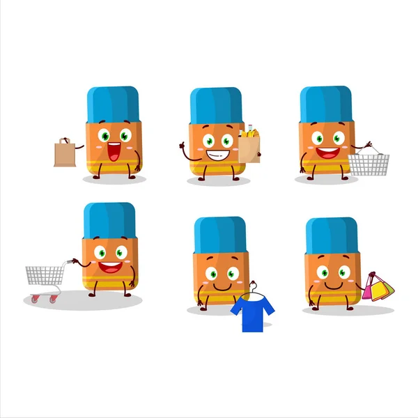 Rich Orange Eraser Mascot Design Style Going Shopping Vector Illustration — Vetor de Stock
