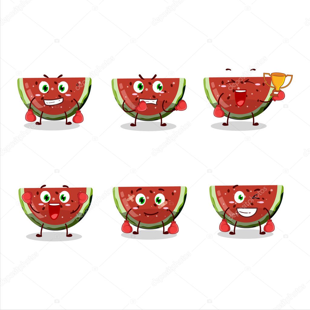 A sporty watermelon gummy candy boxing athlete cartoon mascot design. Vector illustration