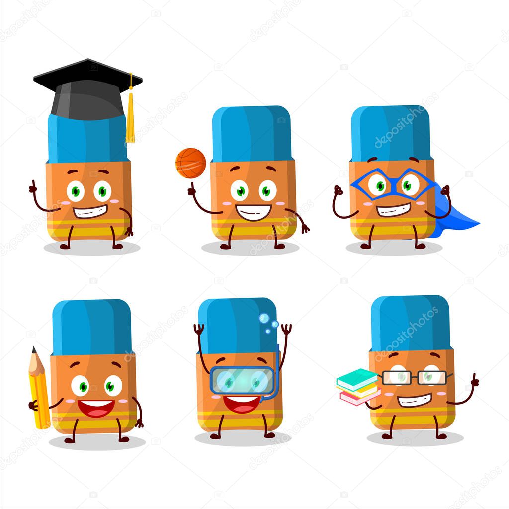 School student of orange eraser cartoon character with various expressions. Vector illustration