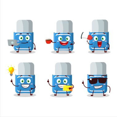 Çeşitli iş simgelerine sahip mavi silgi çizgi film karakteri. Vektör illüstrasyonu