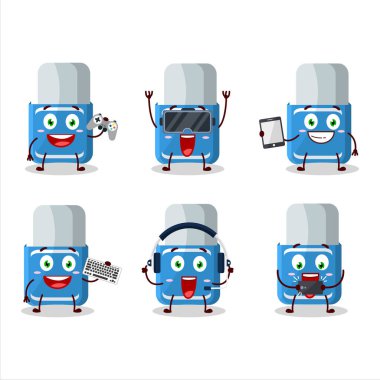 Mavi silgi çizgi film karakteri çeşitli şirin ifadelerle oyunlar oynuyor. Vektör illüstrasyonu