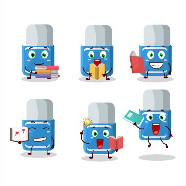 Komik bir kitap okuyan mavi silgi çizgi film karakteri konsepti. Vektör illüstrasyonu