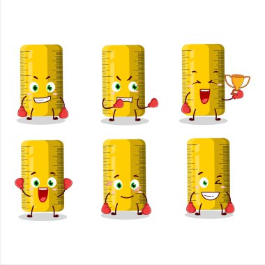 Sportif sarı cetvel boks sporu çizgi film maskotu tasarımı. Vektör illüstrasyonu