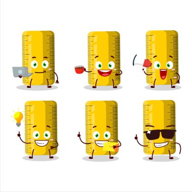 Çeşitli iş simgelerine sahip sarı cetvel çizgi film karakteri. Vektör illüstrasyonu