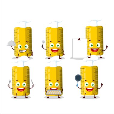 Sarı cetvel çizgi film karakteri ve çeşitli şef ifadeleri. Vektör illüstrasyonu