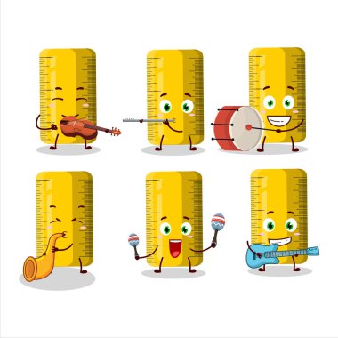 Sarı cetvel çizgi film karakteri müzik enstrümanları çalıyor. Vektör illüstrasyonu