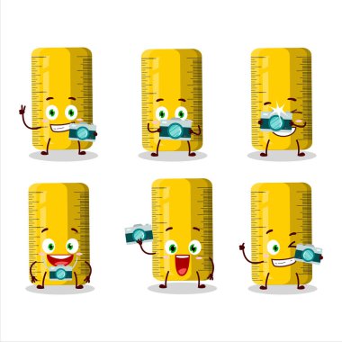 Sarı cetvel çizgi film karakterli fotoğrafçı mesleği simgesi. Vektör illüstrasyonu