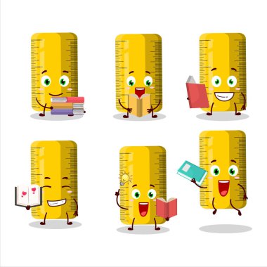 Sarı cetvel çizgi film karakteri konsepti komik bir kitap okuyor. Vektör illüstrasyonu