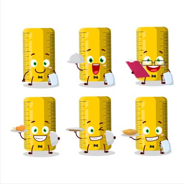 Sarı cetvel garson çizgi film karakteri elinde tabak tutuyor. Vektör illüstrasyonu