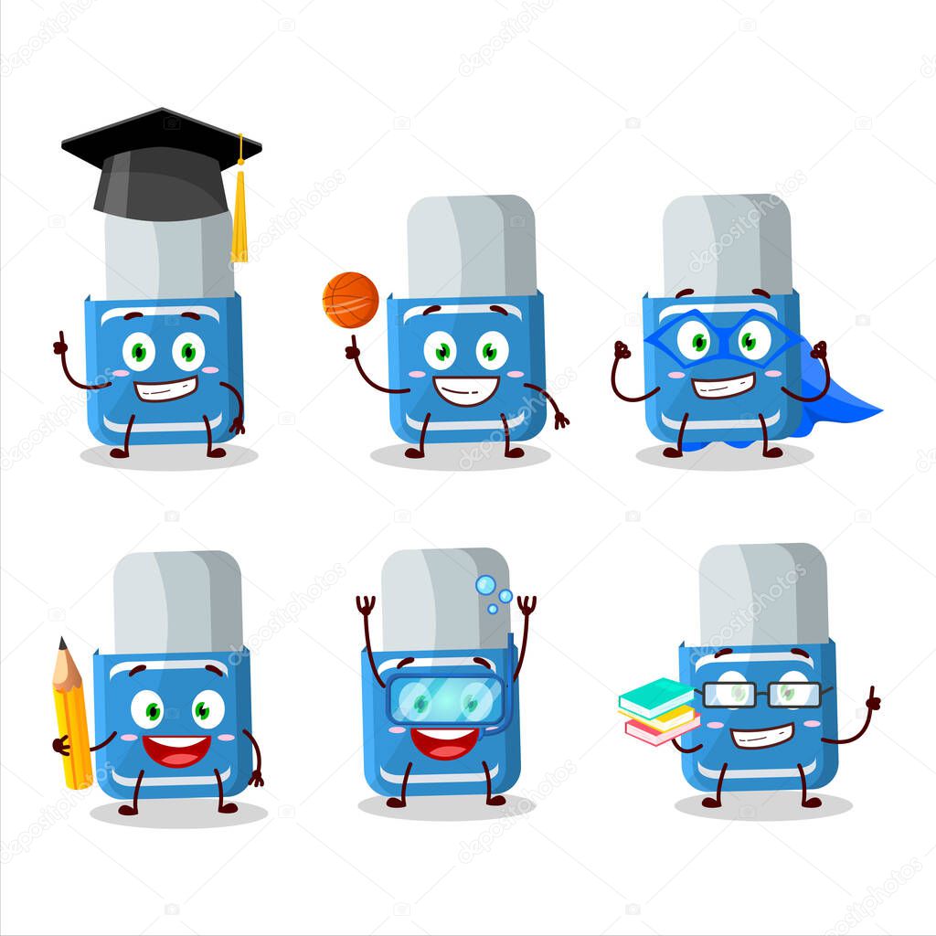 School student of blue eraser cartoon character with various expressions. Vector illustration