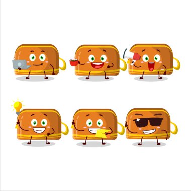 Çeşitli iş simgelerine sahip turuncu kalem kutusu çizgi film karakteri. Vektör illüstrasyonu