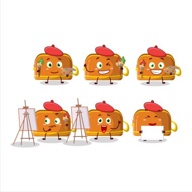 Turuncu kalem kutusu çizgi film karakteri ressamı fırçayla. Vektör illüstrasyonu