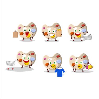 Zengin bir boya paleti maskotu tasarımı alışverişe gidiyor. Vektör illüstrasyonu