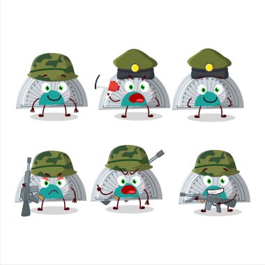 Beyaz yay cetvelli çekici bir asker çizgi film karakteri bir silah makinesi getiriyor. Vektör illüstrasyonu