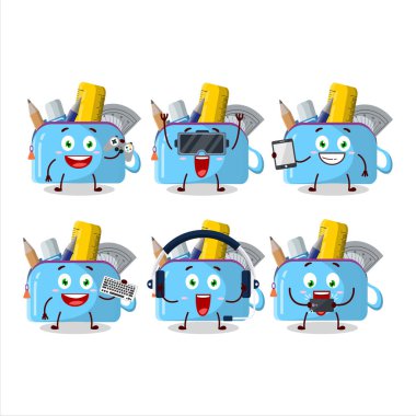 Mavi kalem kutusu çizgi film karakteri çeşitli şirin ifadelerle oyunlar oynuyor. Vektör illüstrasyonu