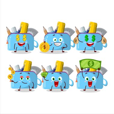 Mavi kalem kutulu, sevimli ifadeli çizgi film karakteri para getiriyor. Vektör illüstrasyonu