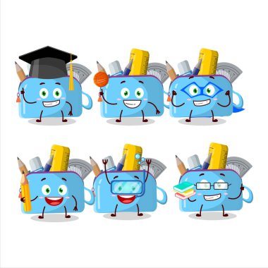 Değişik ifadeleri olan mavi kalem kutusu çizgi film karakteri öğrencisi. Vektör illüstrasyonu