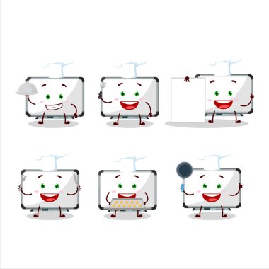 Çeşitli şef simgeleriyle beyaz panonun çizgi film karakteri. Vektör illüstrasyonu