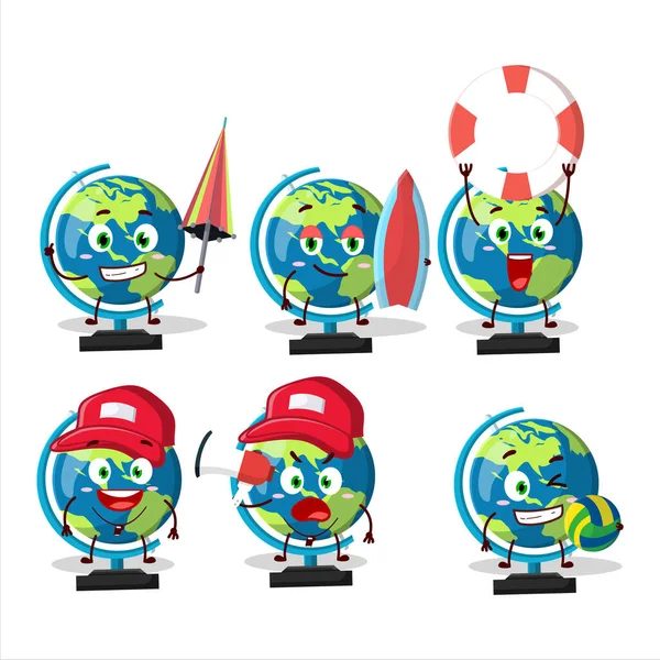 Happy Face Globe Ball Postać Kreskówki Gra Plaży Ilustracja Wektora — Wektor stockowy