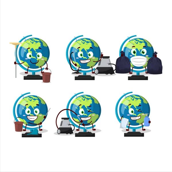 Sprzątanie Usługi Globe Ball Cute Postać Kreskówek Pomocą Mopa Ilustracja — Wektor stockowy