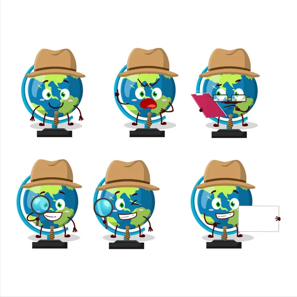 Detective Globe Ball Cute Cartoon Character Holding Magnifying Glass Vector — ストックベクタ