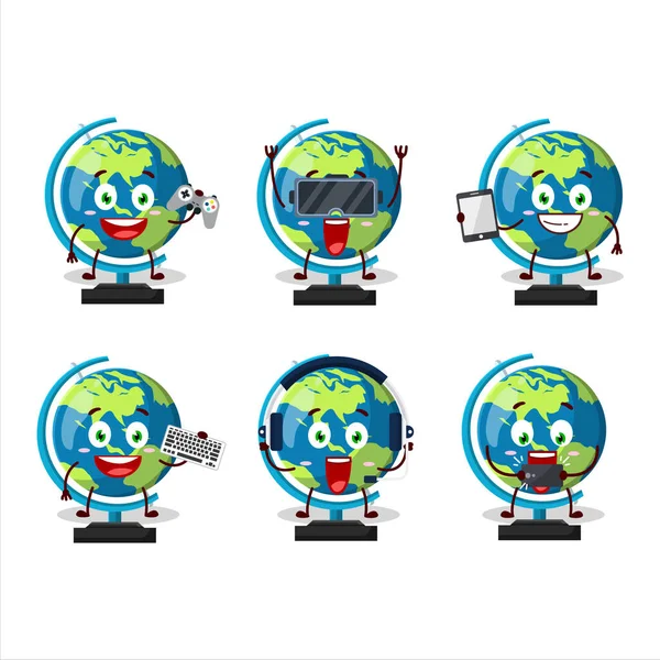 Globe Ball Postać Kreskówek Grają Gry Różnych Cute Emotikony Ilustracja — Wektor stockowy