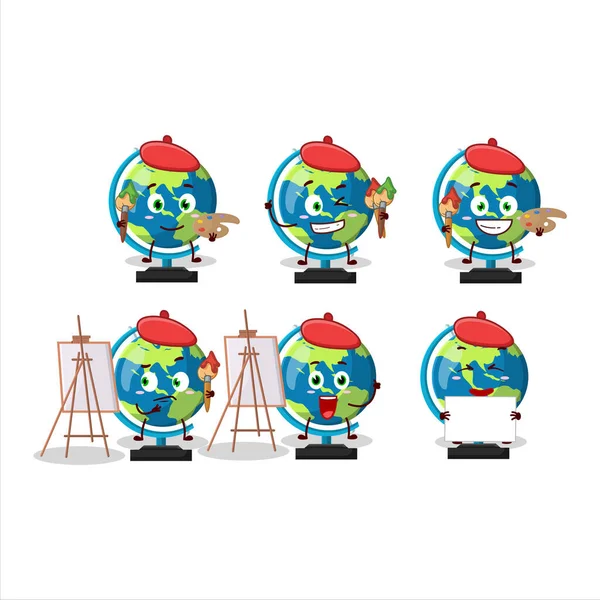 Artistic Artist Globe Ball Cartoon Character Painting Brush Vector Illustration — Wektor stockowy