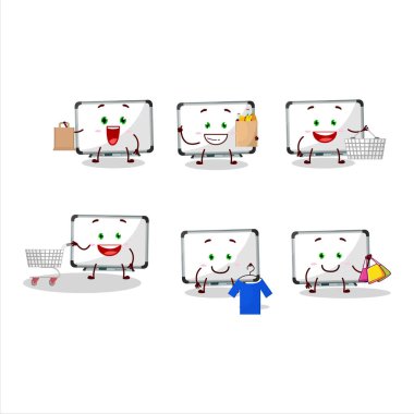 Zengin beyaz maskot tasarımı alışverişe gidiyor. Vektör illüstrasyonu