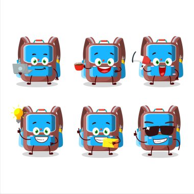 Sırt çantalı çocuk çizgi film karakteri ve çeşitli iş simgeleri. Vektör illüstrasyonu