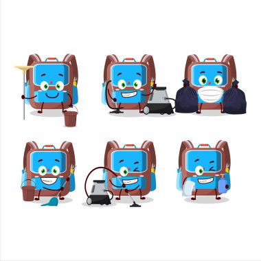 Temizlik servisi sırt çantalı çocuklar paspas kullanan sevimli çizgi film karakterleri. Vektör illüstrasyonu