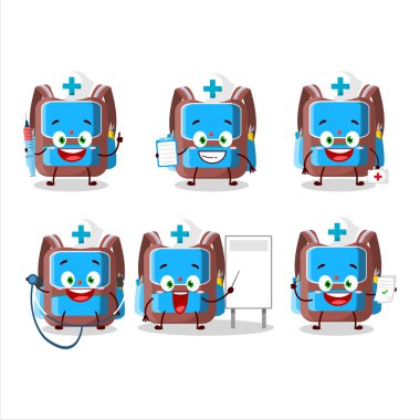 Sırt çantalı çocuk çizgi film karakterli doktor mesleği simgesi. Vektör illüstrasyonu