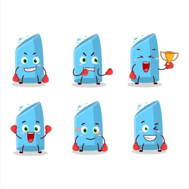 Sportif mavi tebeşir boks sporu çizgi film maskotu tasarımı. Vektör illüstrasyonu