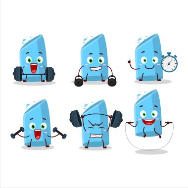 Sağlıklı bir mavi tebeşir çizgi film stili fitness merkezinde bazı aletler deniyor. Vektör illüstrasyonu