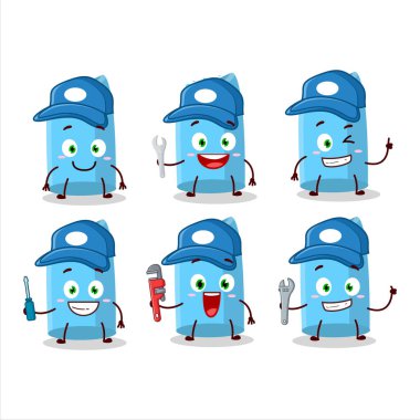 Mekanik mavi tebeşir, kerpetenle sevimli maskot karakteri. Vektör illüstrasyonu