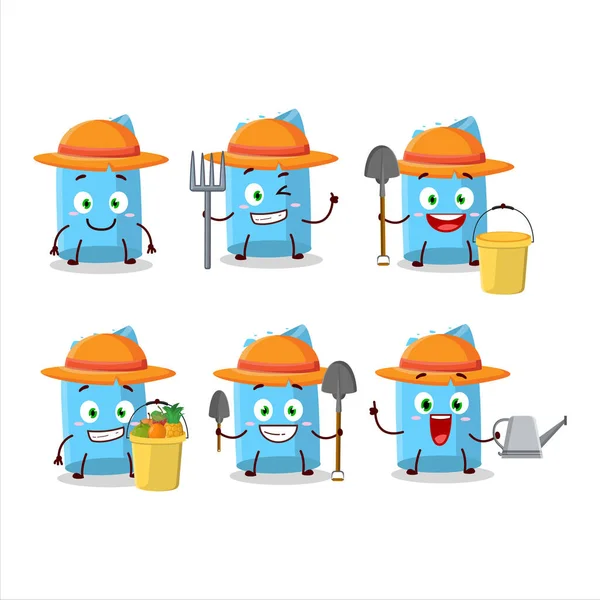 Farmer Blue Chalk Cute Mascot Character Fork Vector Illustration — Stock Vector