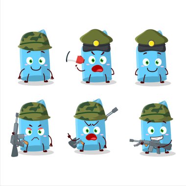 Çekici bir asker mavi tebeşir karikatür resmi bir silah makinesi getiriyor. Vektör illüstrasyonu