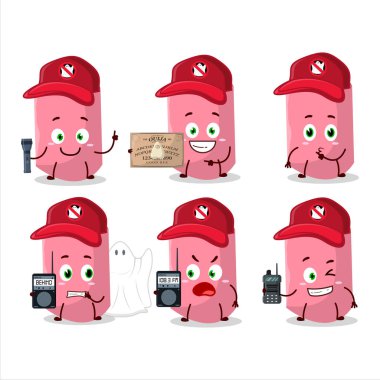 Hayalet avcısı pembe tebeşir karakteri kamera kullanıyor. Vektör illüstrasyonu