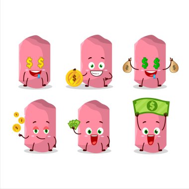 Şirin ifadeli pembe tebeşir çizgi film karakteri para getiriyor. Vektör illüstrasyonu