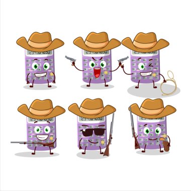 Hoş şapkalı havalı kovboy mor hesap makinesi çizgi film karakteri. Vektör illüstrasyonu