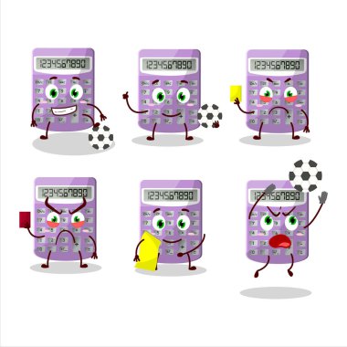 Mor hesap makinesi çizgi film karakteri futbol hakemi olarak çalışıyor. Vektör illüstrasyonu