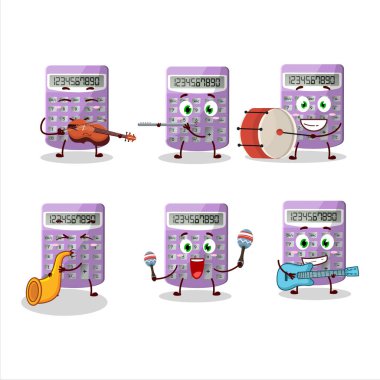 Bazı müzik enstrümanları çalan mor hesap makinesinin çizgi film karakteri. Vektör illüstrasyonu