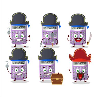 Çeşitli korsan ifadeleri olan mor hesap makinesinin çizgi film karakteri. Vektör illüstrasyonu