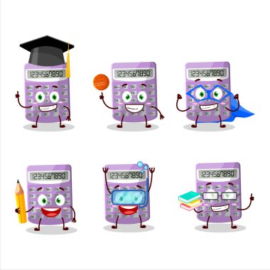 Değişik ifadeleri olan mor hesap makinesi çizgi film karakteri öğrencisi. Vektör illüstrasyonu