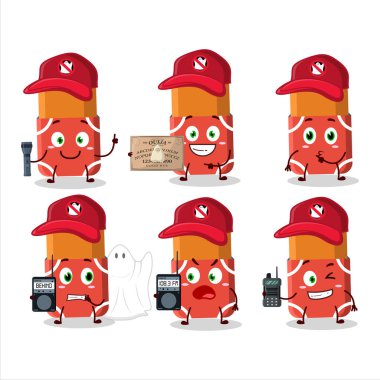 Hayalet avcısı kırmızı silgi karakteri kamera kullanıyor. Vektör illüstrasyonu