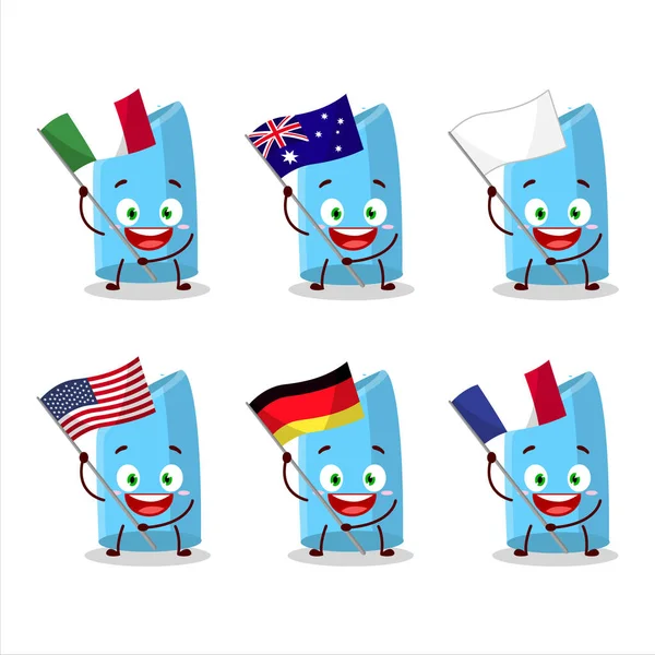 Blue Chalk Cartoon Character Bring Flags Various Countries Vector Illustration — стоковый вектор
