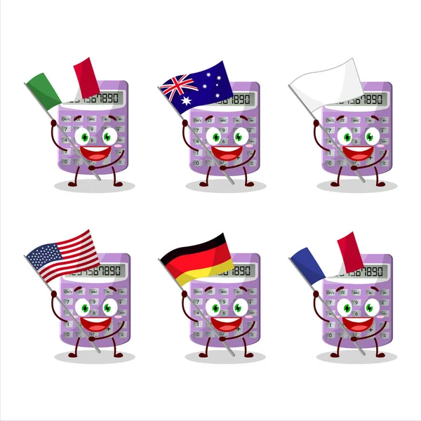 Purple Calculator Cartoon Character Bring Flags Various Countries Vector Illustration — Stock vektor