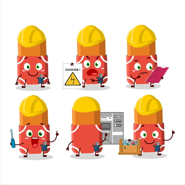 Professional Lineman Red Eraser Cartoon Character Tools Vector Illustration — 图库矢量图片
