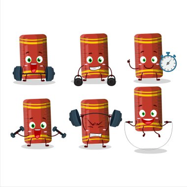 Sağlıklı bir kırmızı cetvel çizgi film stili Fitness merkezinde bazı aletler deniyor. Vektör illüstrasyonu