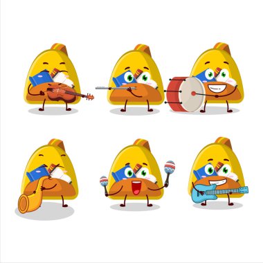 Okul çantasının çizgi film karakteri müzik enstrümanları çalıyor. Vektör illüstrasyonu